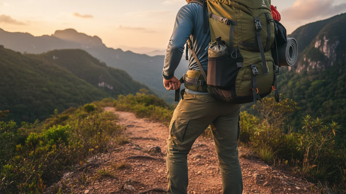 Trilheira ajustando cinturão lombar de mochila cargueira antes de iniciar travessia na Serra Fina
