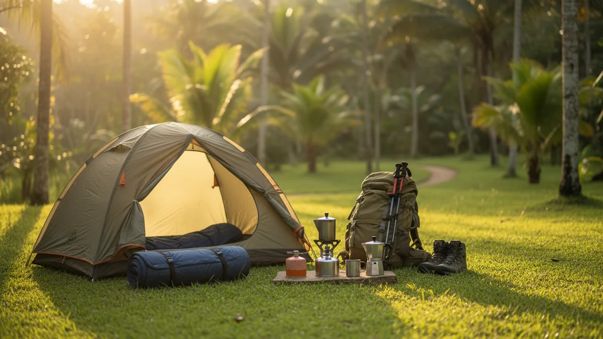 Kit de equipamentos de camping para aluguel com barraca, saco de dormir e fogareiro