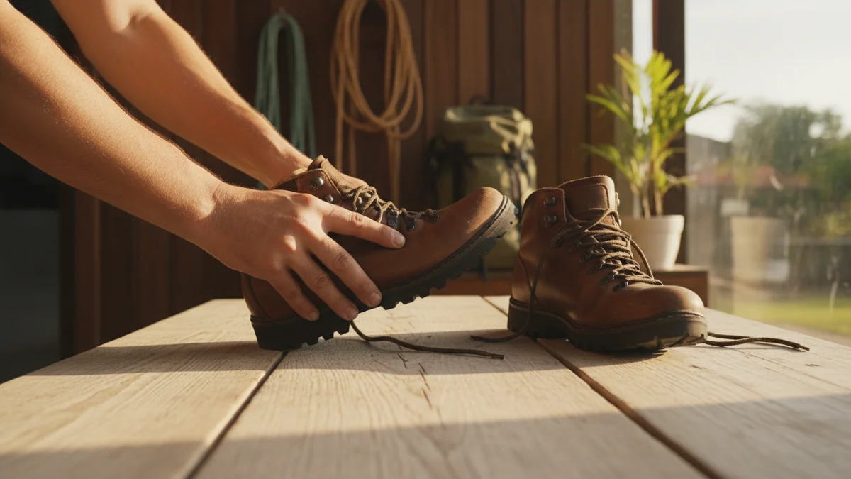 Botas de trilha sendo flexionadas manualmente em processo de amaciamento