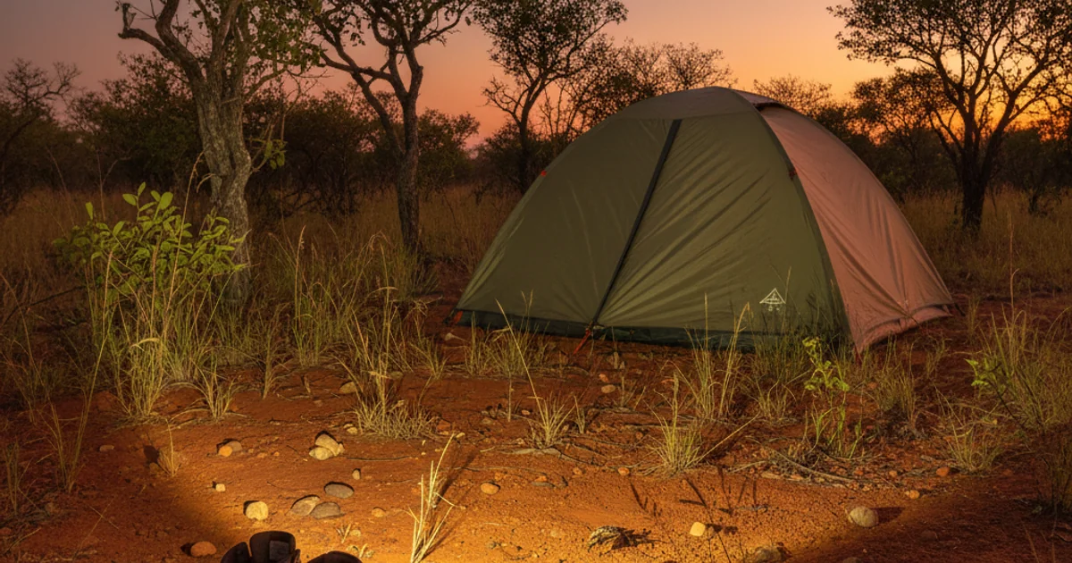 Campista verificando entorno da barraca com lanterna em área de mata preservada