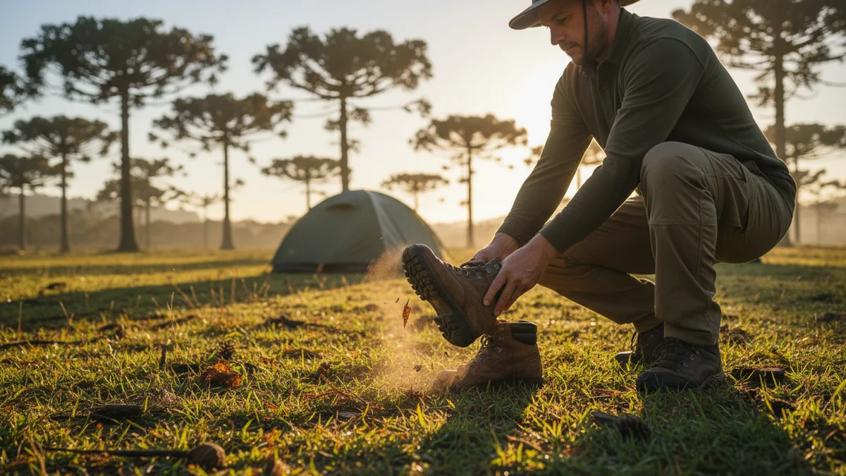 Campista sacudindo bota antes de calçar em acampamento na serra gaúcha