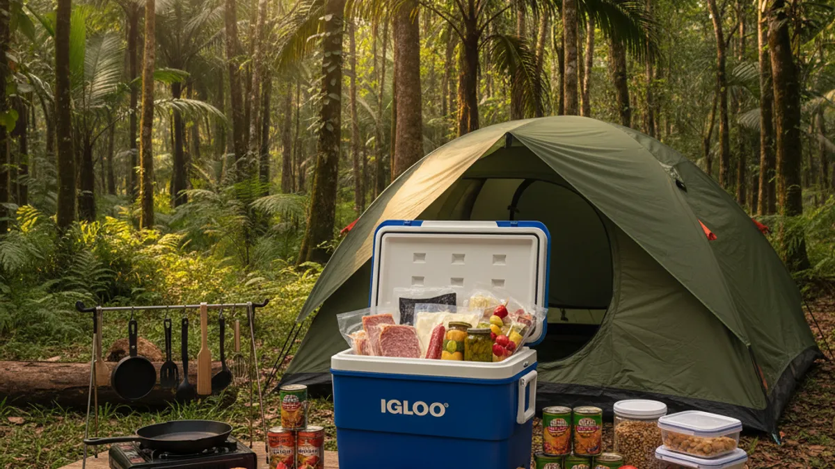 Caixa térmica com alimentos organizados dentro de uma barraca de camping em meio à natureza