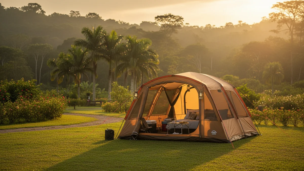 Barraca de camping familiar montada em área verde com espaço interno amplo