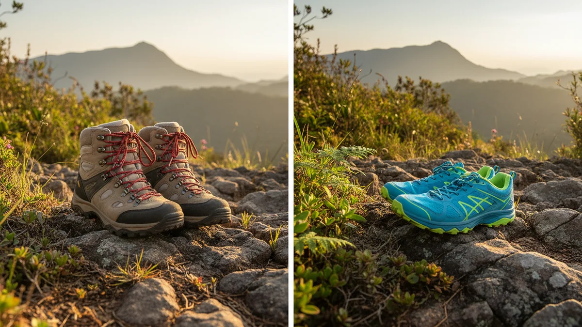 Comparativo lado a lado entre bota de cano alto e tenis de trilha