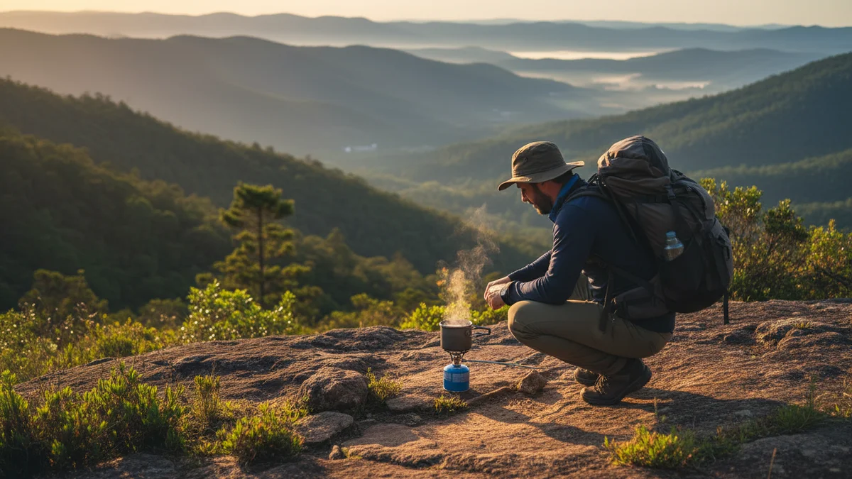 Mochileiro preparando café em fogareiro durante trekking na Serra Gaúcha