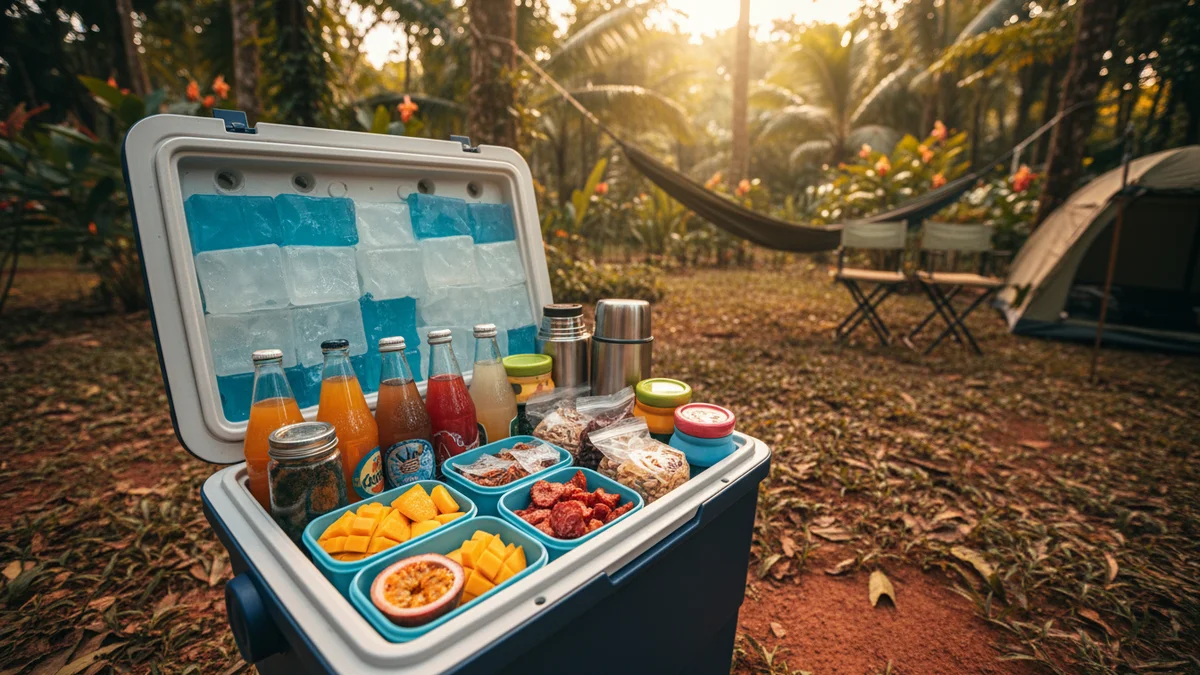 Caixa térmica cooler aberta com alimentos organizados em acampamento