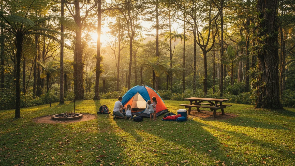Família montando barraca em camping estruturado no Brasil, rodeada de árvores