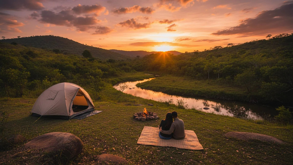 Casal acampando em meio ao cerrado brasileiro ao entardecer, com barraca montada e fogueira acesa