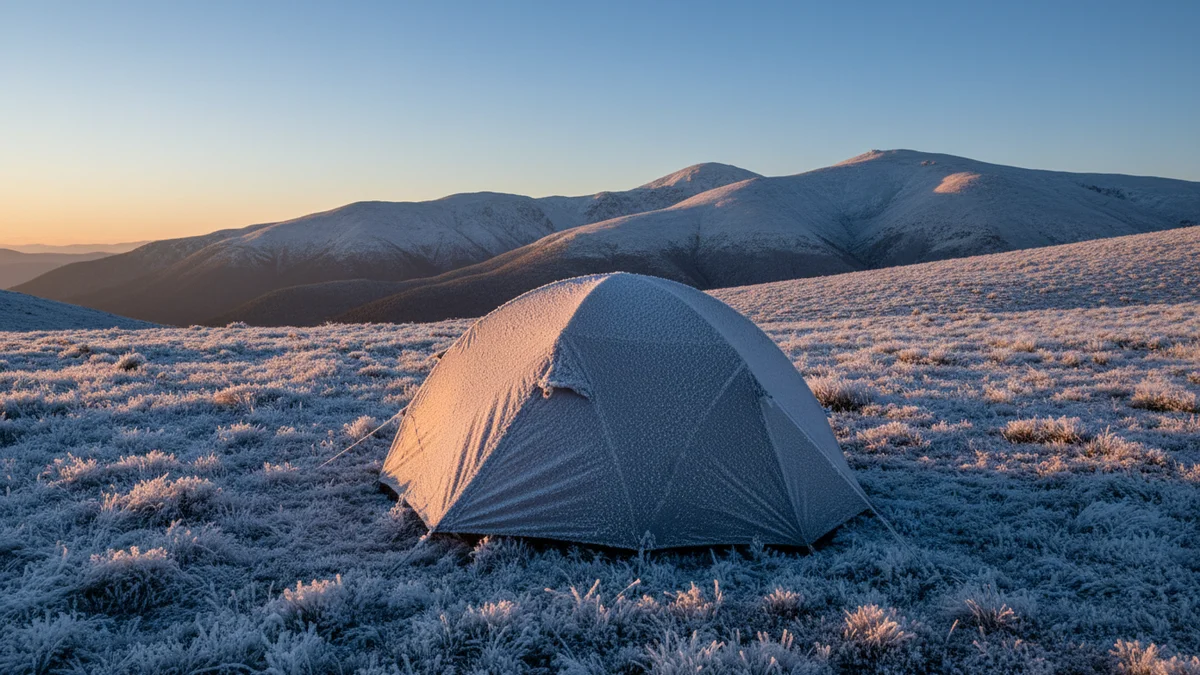 Barraca coberta de geada ao amanhecer em destino de inverno no sul do Brasil, com montanhas ao fundo