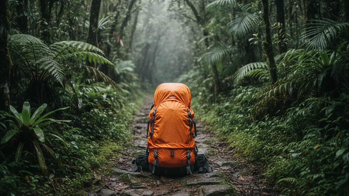 Capa de chuva laranja cobrindo uma mochila cargueira durante chuva leve em trilha na Mata Atlântica