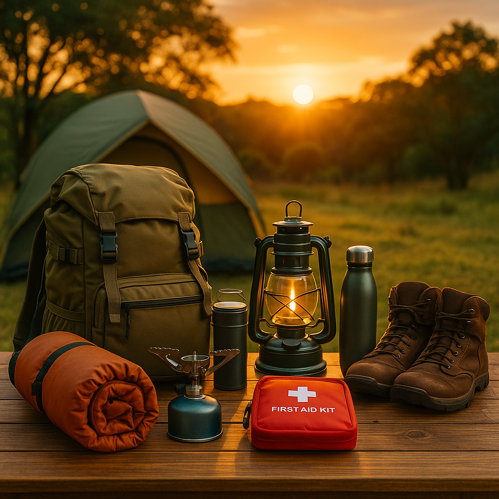 Barraca de camping montada em área de camping com equipamentos organizados ao redor