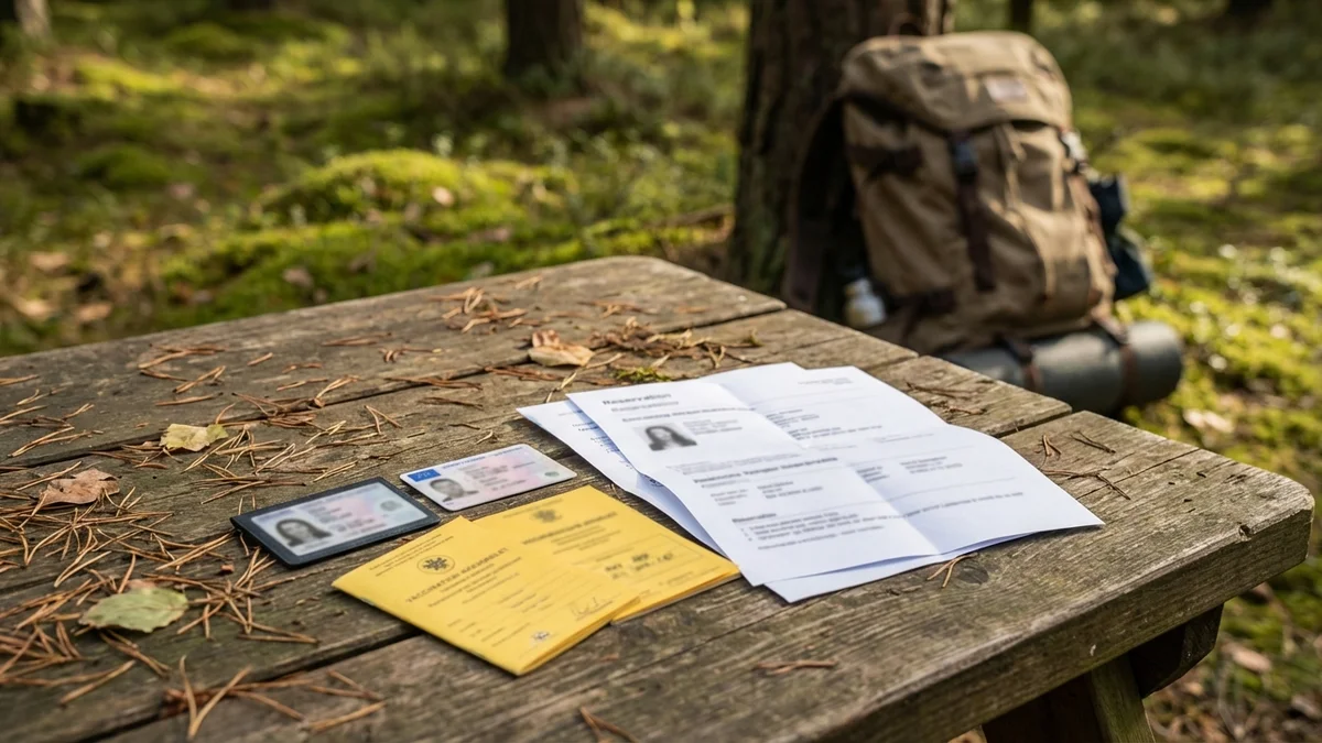 Documentos organizados para camping incluindo RG, CNH, carteira de vacinação e reservas