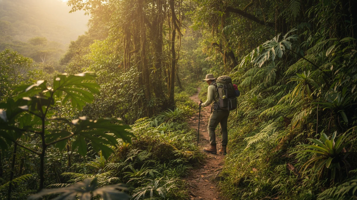 Trilheiro usando bota de cano alto verificando trilha em área de mata atlântica