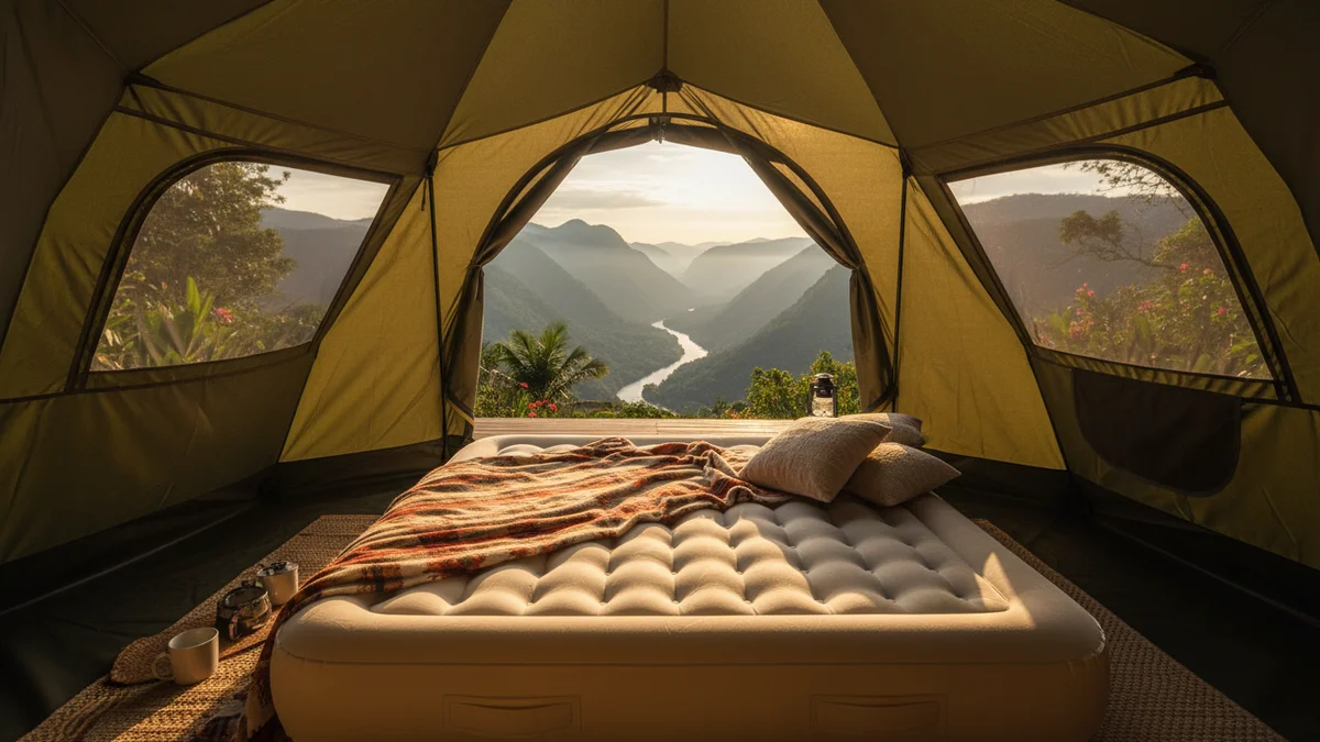 Colchão inflável de casal montado dentro de barraca de camping com vista para o vale
