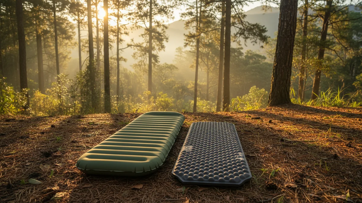 Colchão inflável e isolante térmico lado a lado em acampamento na serra, luz da manhã filtrando entre árvores