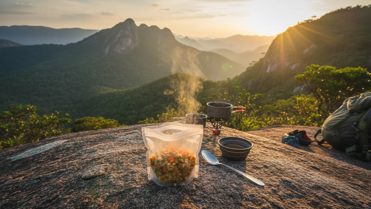 Pacote de comida liofilizada aberto sobre pedra em acampamento com vista de montanhas