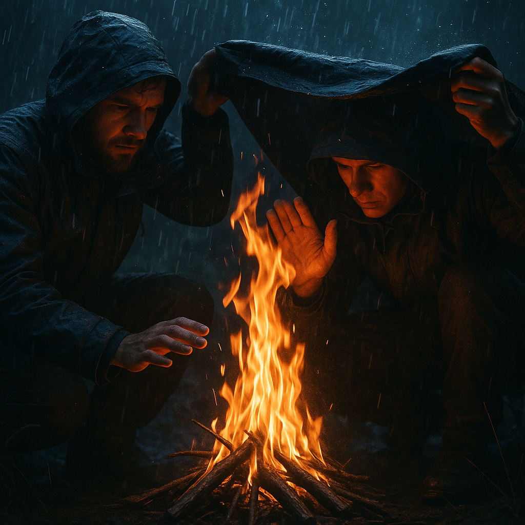 Acampador acendendo fogo durante chuva na floresta