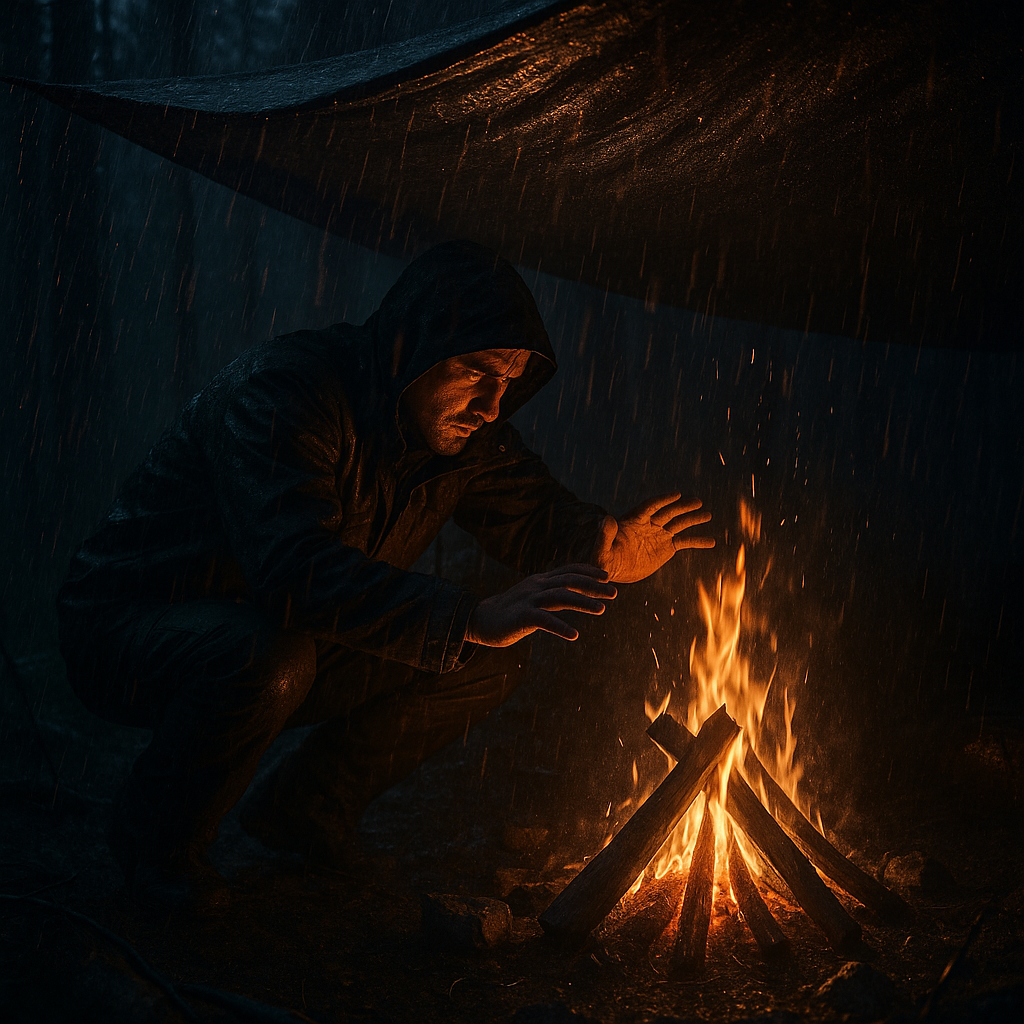 Acampador protegendo fogueira na chuva com tarp, chamas refletindo em gotas de água