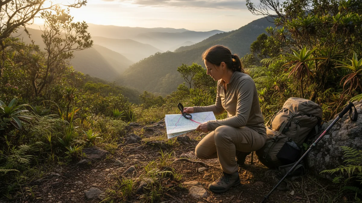 Trilheira usando bussola Silva com mapa topografico em trilha na Serra da Mantiqueira