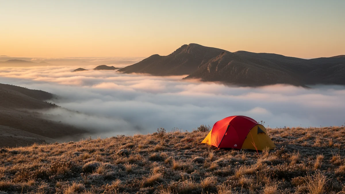 Barraca montada em campo aberto com paisagem de montanha e neblina em destino de inverno brasileiro