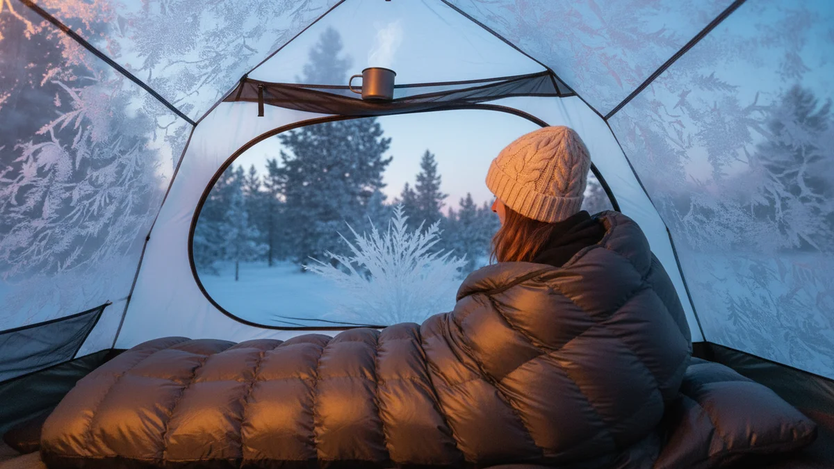 Campista dentro de saco de dormir em barraca com geada no sobreteto, usando gorro de lã