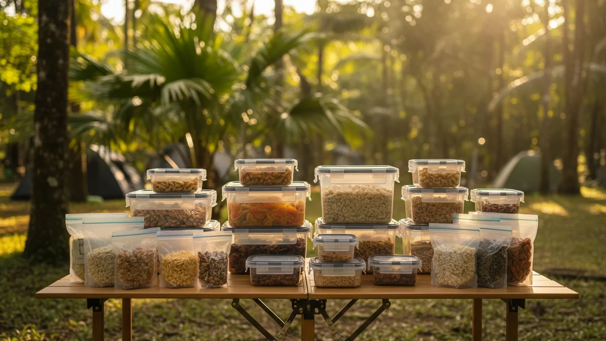 Conjunto de potes herméticos e saquinhos zip organizados sobre mesa de acampamento
