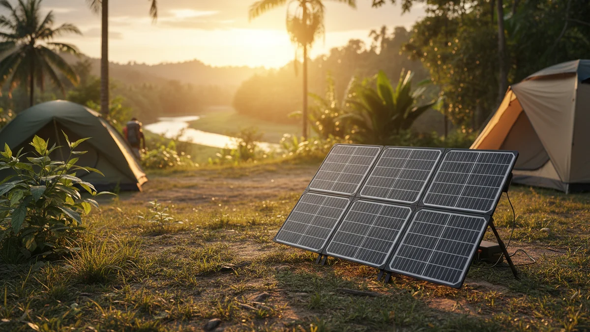 Painel solar portátil dobrável montado em área de camping com barracas ao fundo