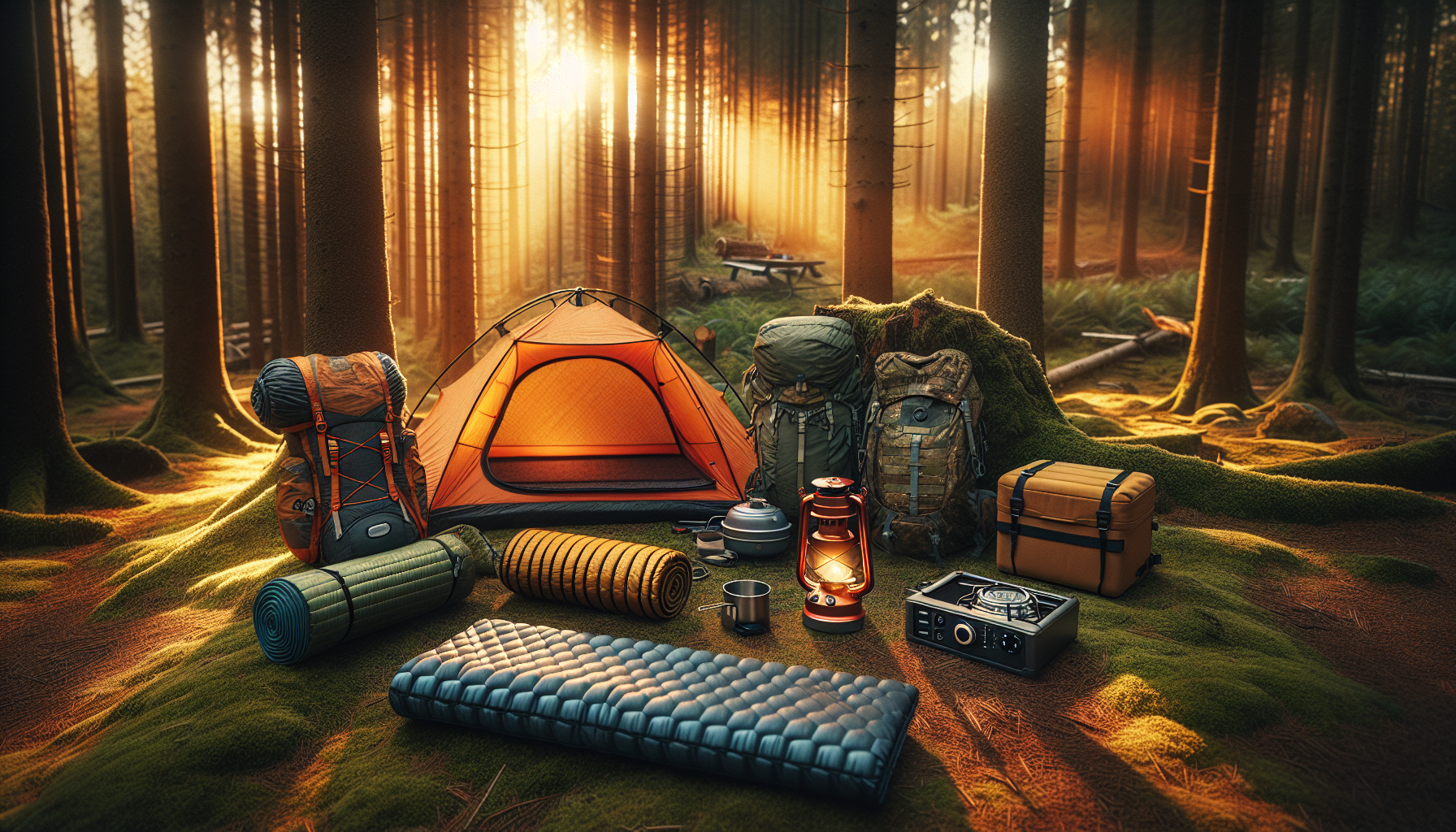 Equipamentos básicos de camping organizados em floresta com barraca, saco de dormir e mochila