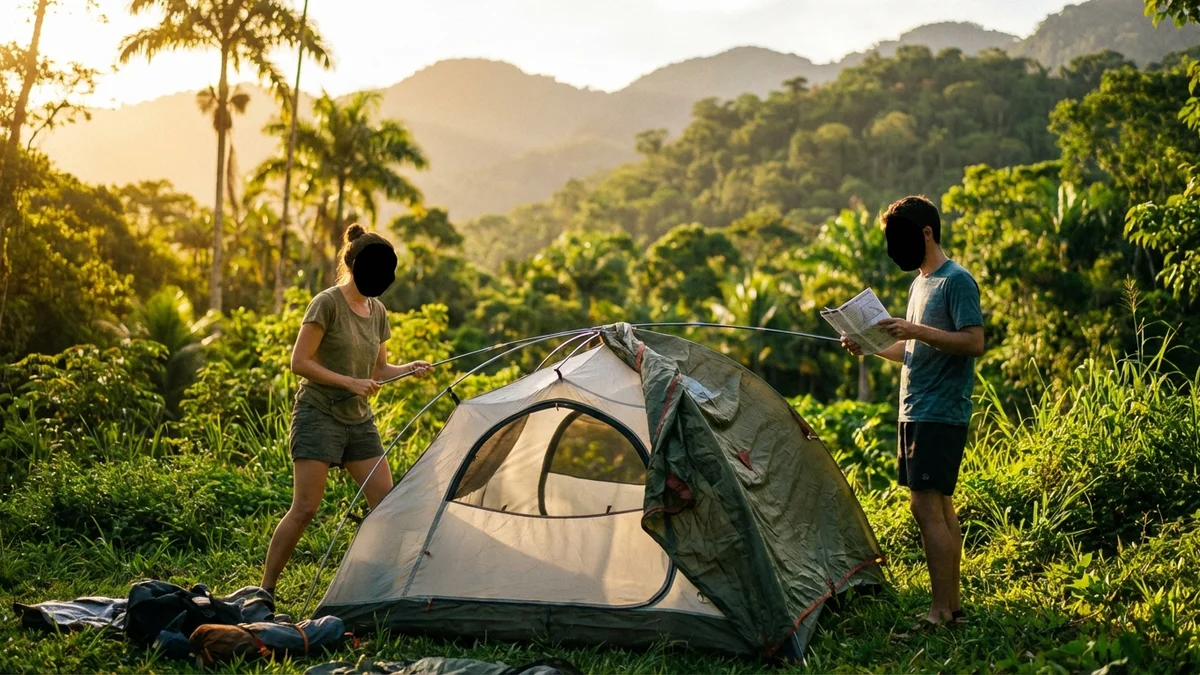 Iniciante montando barraca incorretamente, ilustração de erro comum