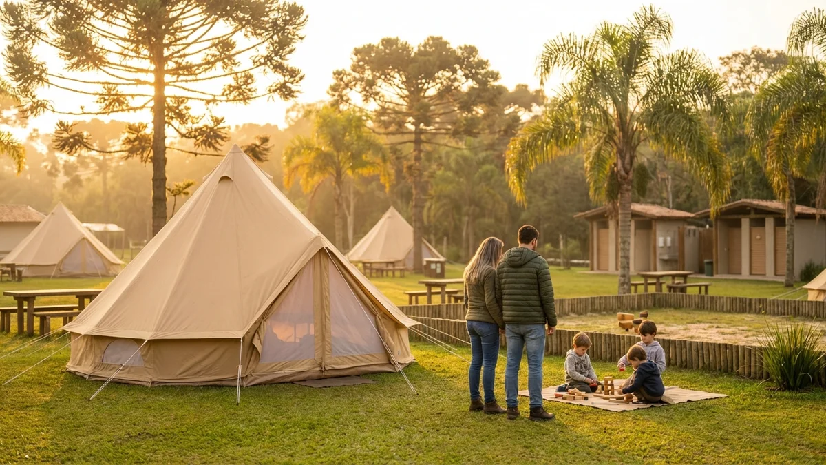 Família em camping estruturado com crianças brincando em área segura