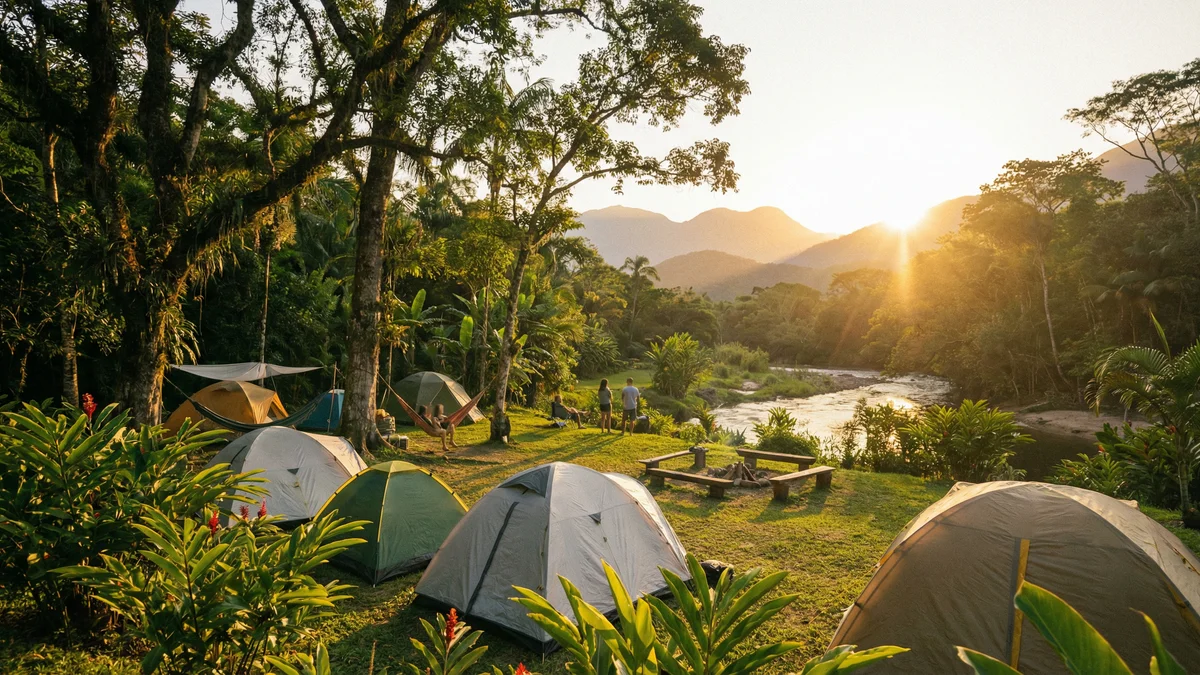Campistas respeitando distância entre barracas em camping organizado