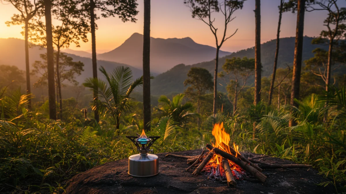 Fogareiro a gas ao lado de uma fogueira acesa em camping na Serra da Mantiqueira