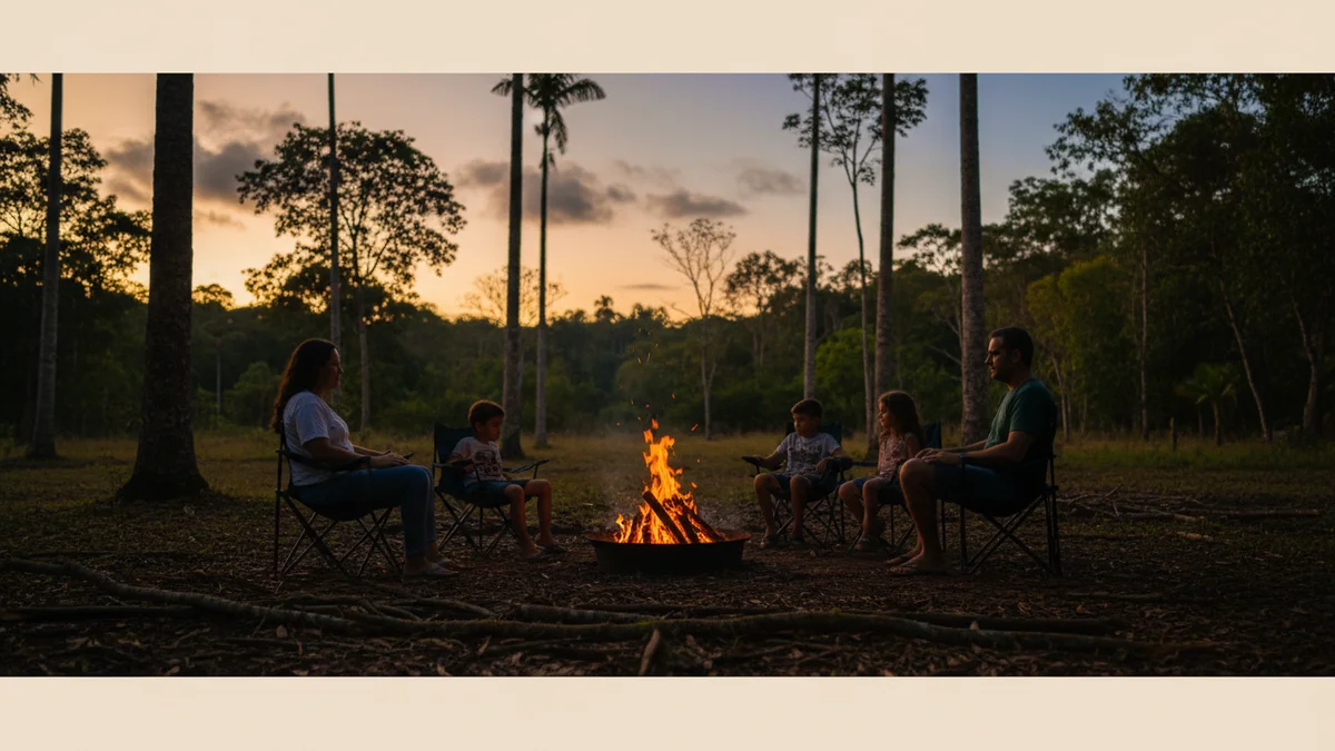 Família sentada ao redor de fogueira em camping com crianças a distância segura