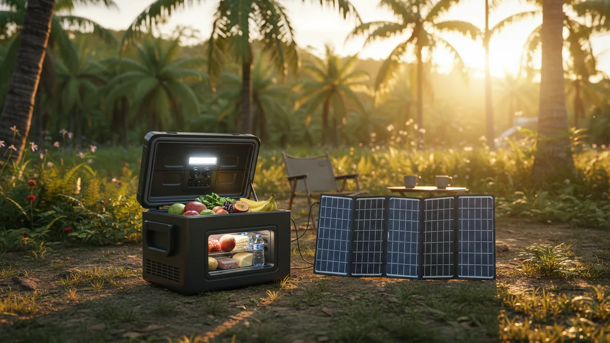 Geladeira portátil 12V aberta com alimentos dentro, ao lado de painel solar dobrável em área de camping
