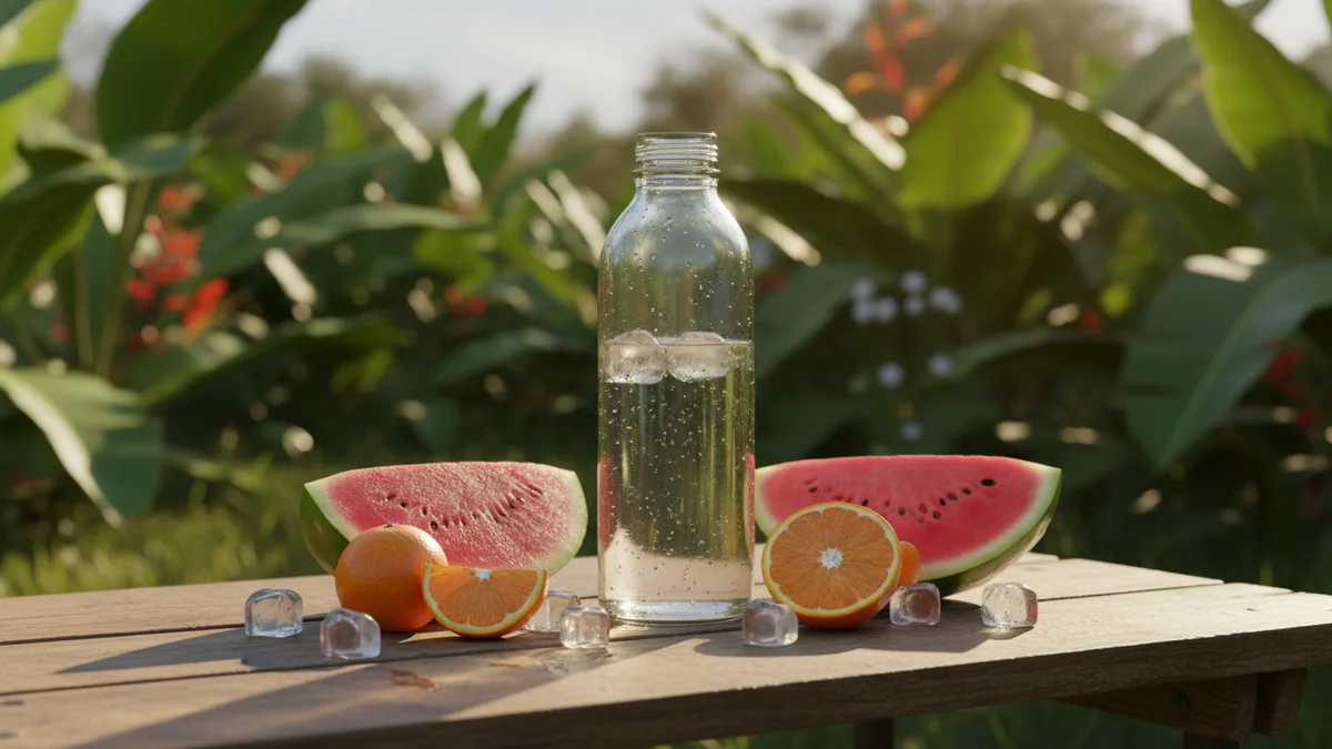 Garrafa de água e frutas hidratantes em mesa de camping
