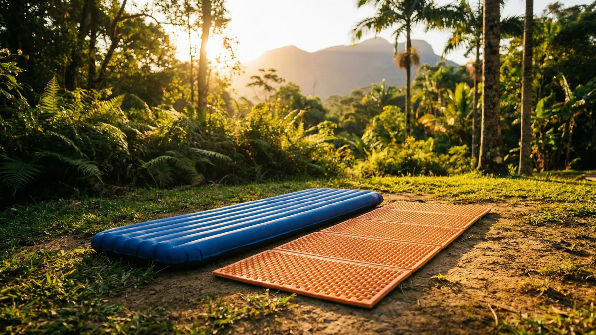 Isolante inflável azul ao lado de isolante de espuma EVA laranjá em chão de camping