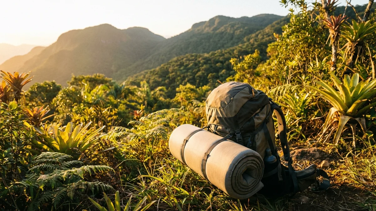 Isolante inflável ultralight enrolado ao lado de mochila cargueira em trilha de montanha
