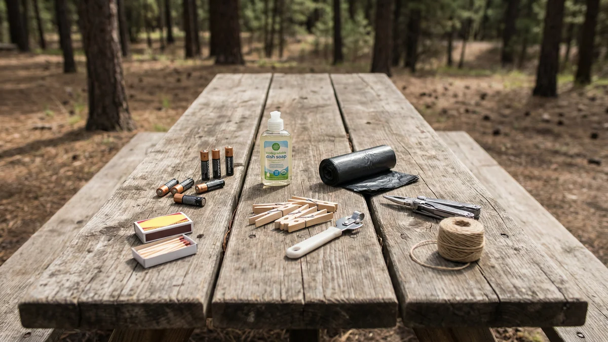 Itens esquecidos no camping: pilhas, detergente, sacos de lixo e outros essenciais