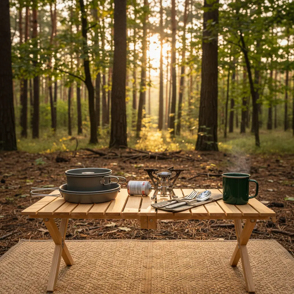 Kit de cozinha para camping organizado com panelas, talheres e utensilios sobre uma mesa de acampamento