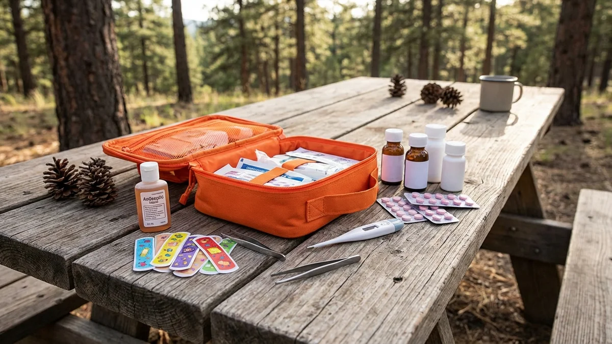 Kit de primeiros socorros aberto com medicamentos e curativos para crianças no camping