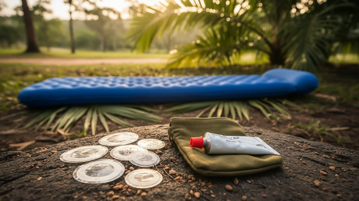 Kit de reparo NTK aberto com remendos de PVC e cola, colchao inflavel ao fundo