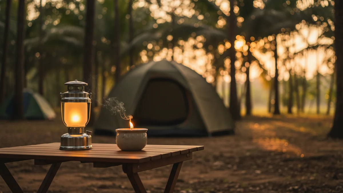 Lampiao LED a pilha ao lado de vela de citronela em mesa de camping