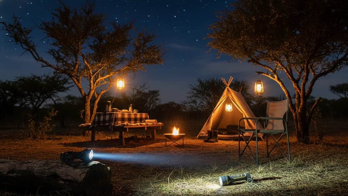 Lanternas LED iluminando acampamento a noite com luz ambiente quente