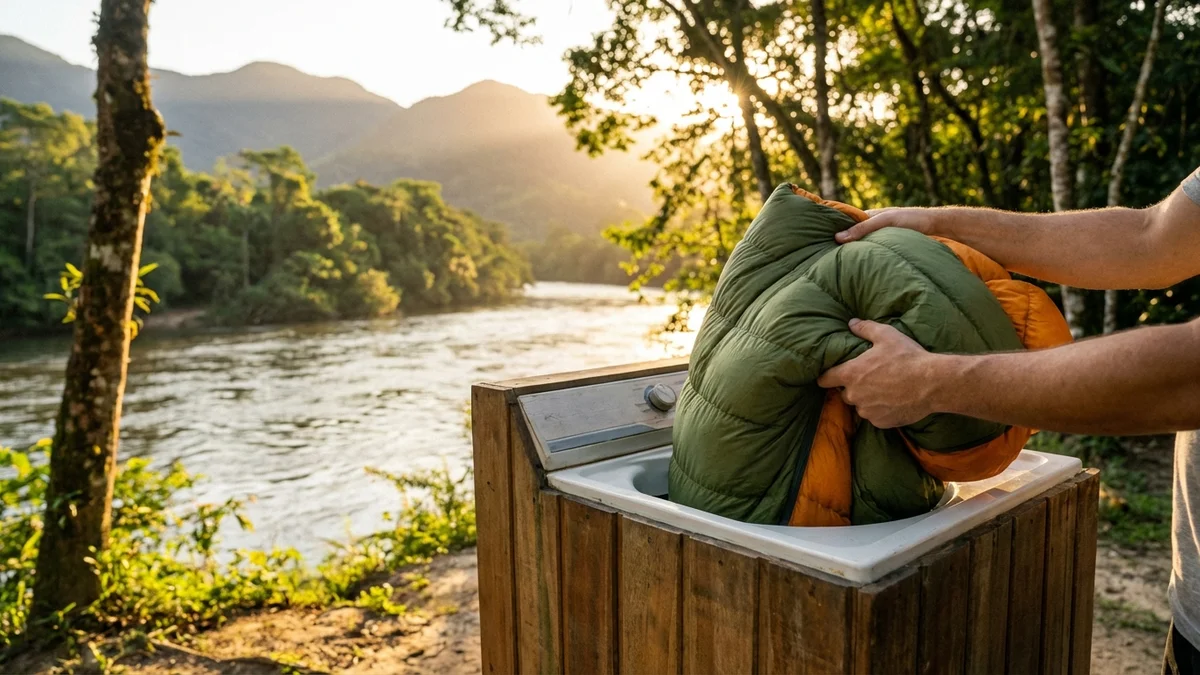 Saco de dormir de pluma sendo colocado em máquina de lavar doméstica