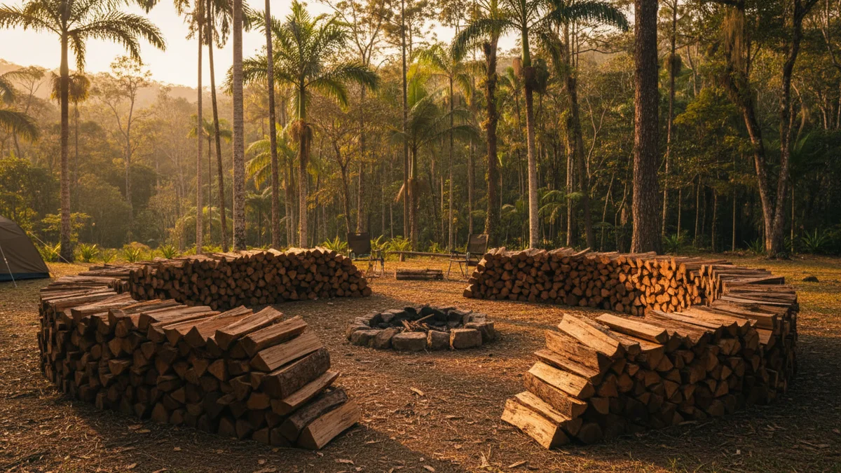 Maços de lenha empilhados em camping no Brasil