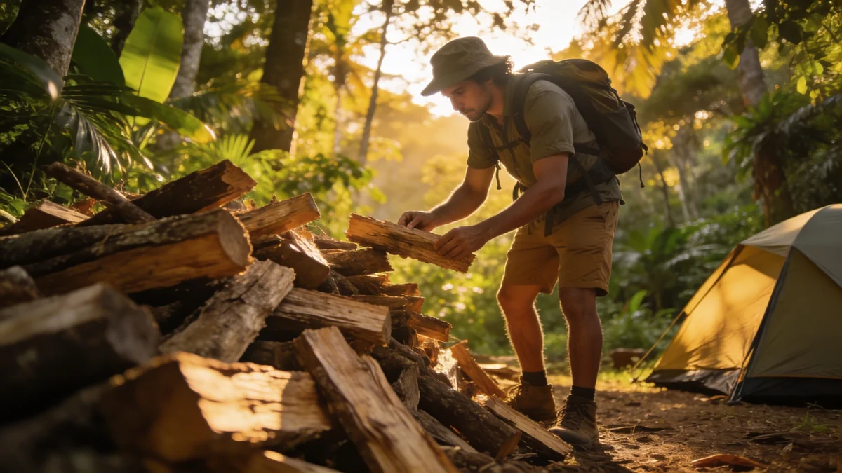 Campista examinando lenha seca em florestá brasileira