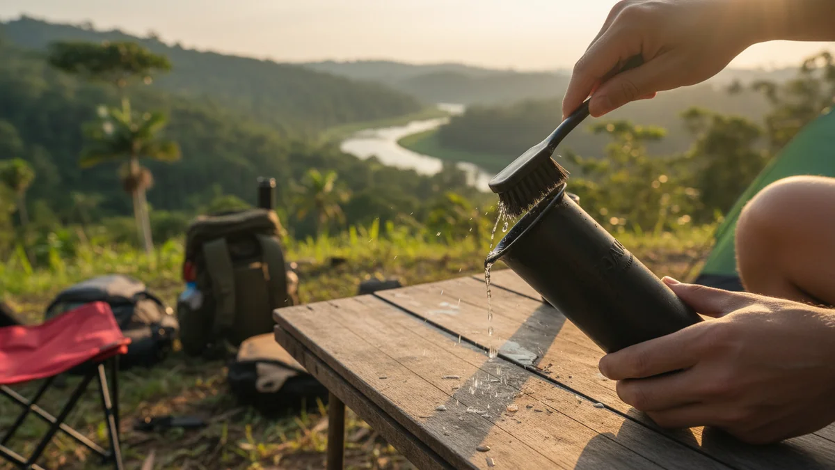 Aeropress sendo limpa com escova em acampamento