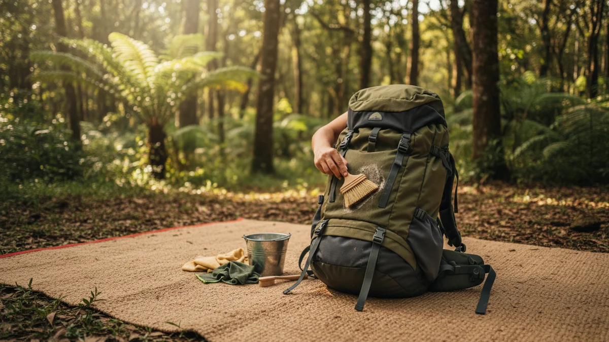 Mochila cargueira sendo limpa com escova macia ao ar livre em área de camping com sombra