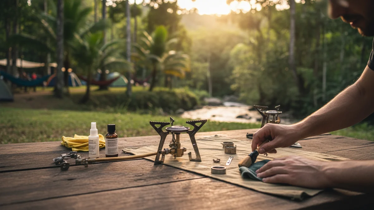 Fogareiro de camping sendo limpo com pano e escova macia
