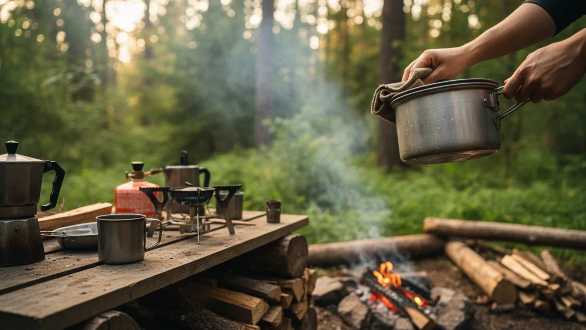 Panela de alumínio de camping sendo limpa e mantida